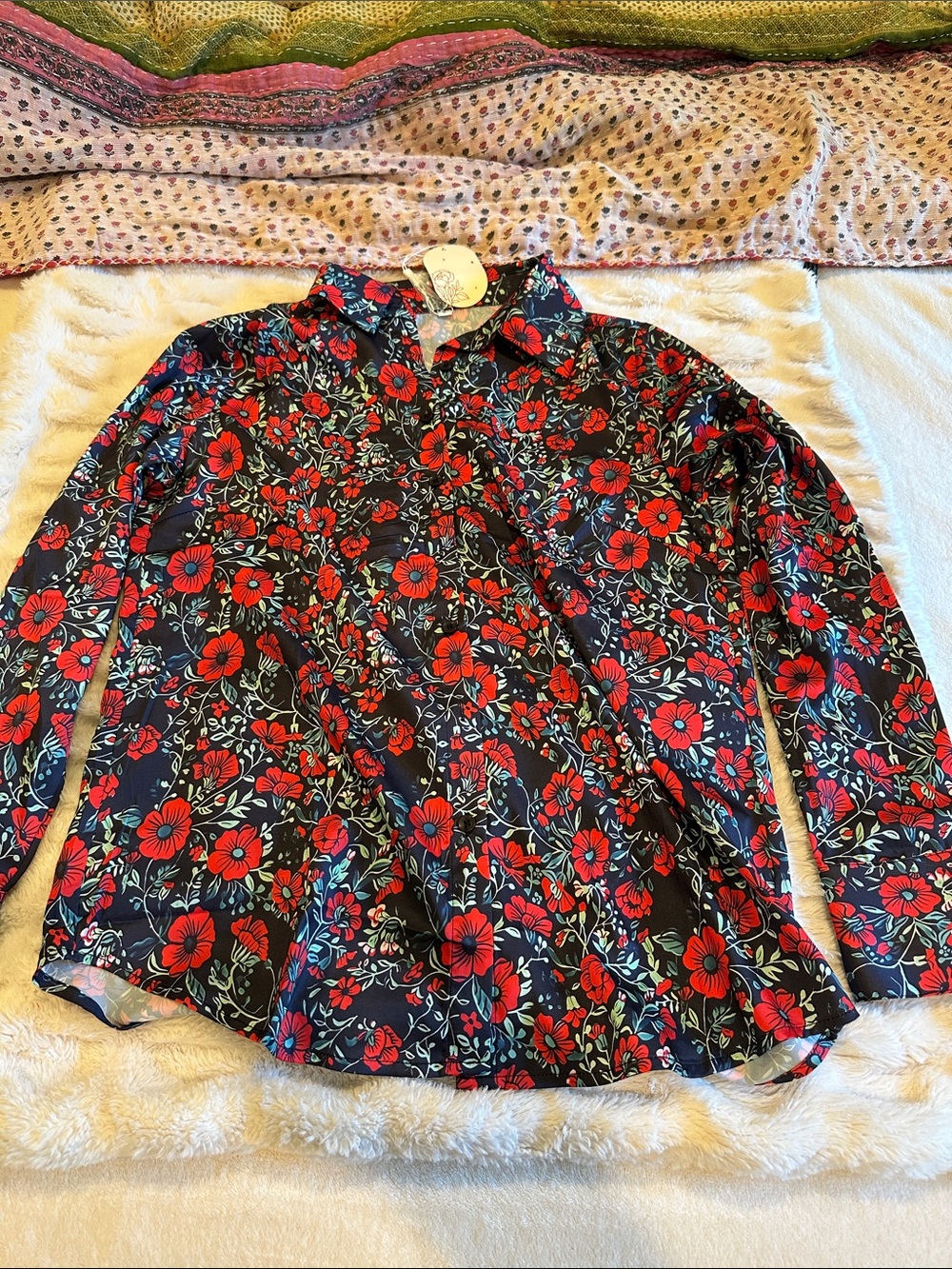 Floral Button-Up Blouse with Red Poppies